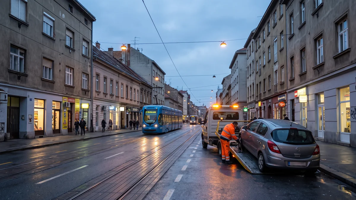 Vučna služba utovara vozilo u kvaru na Trešnjevci, tramvaj i stambene zgrade u pozadini